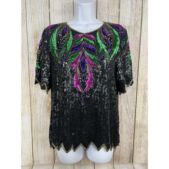 Vtg 80s Beaded Sequin Top Sz Small Black Jewel Tones S Mob Wife Festive Glam - Picture 2 of 9